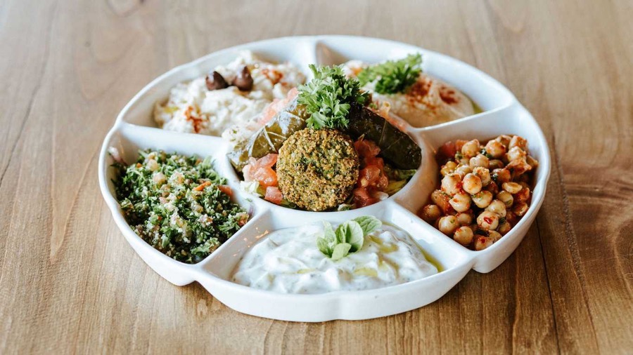 A platter of fresh Middle Eastern mezes